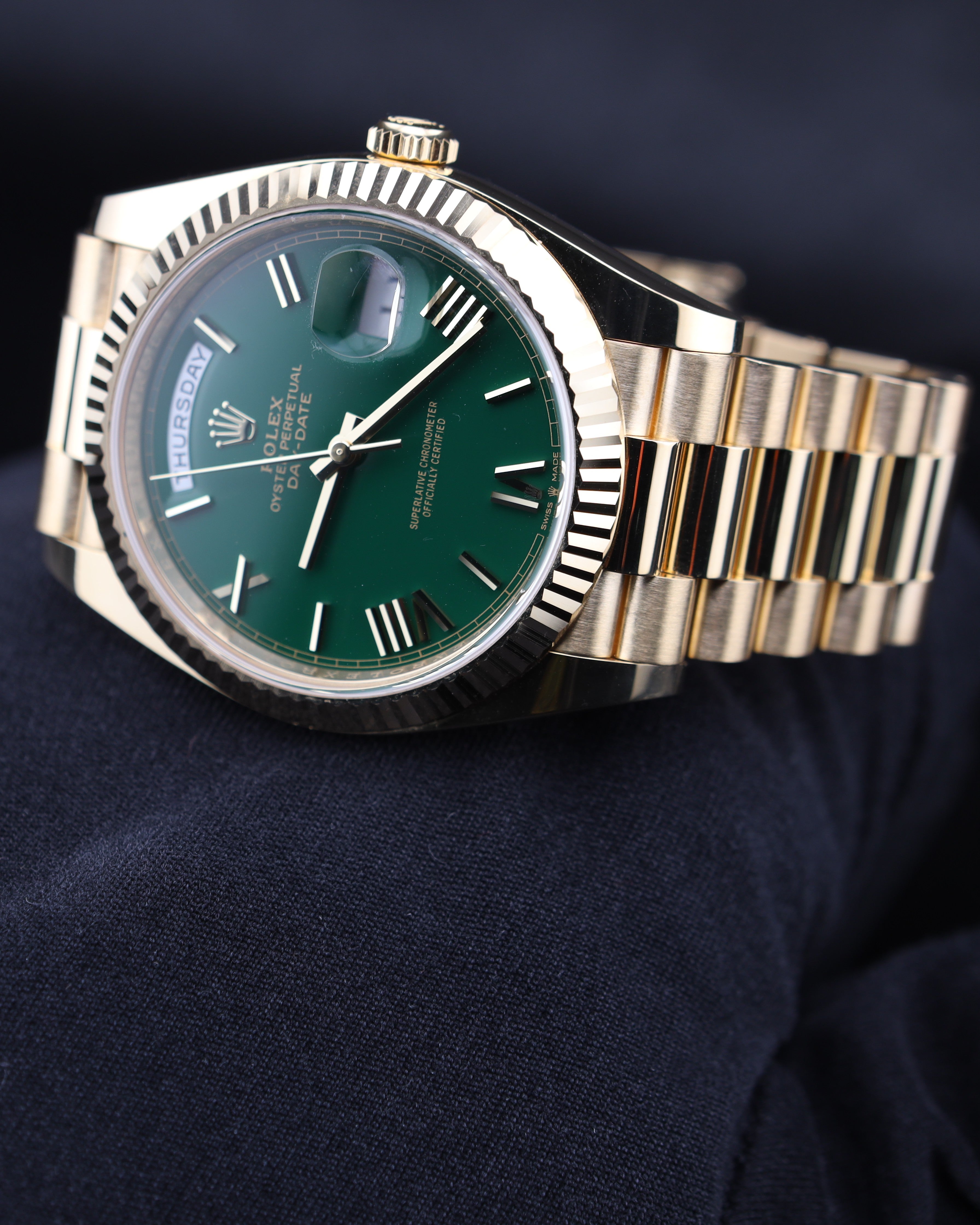 Rolex Day-Date 40 Money Green Roman Dial Presidential 228238 – MVP