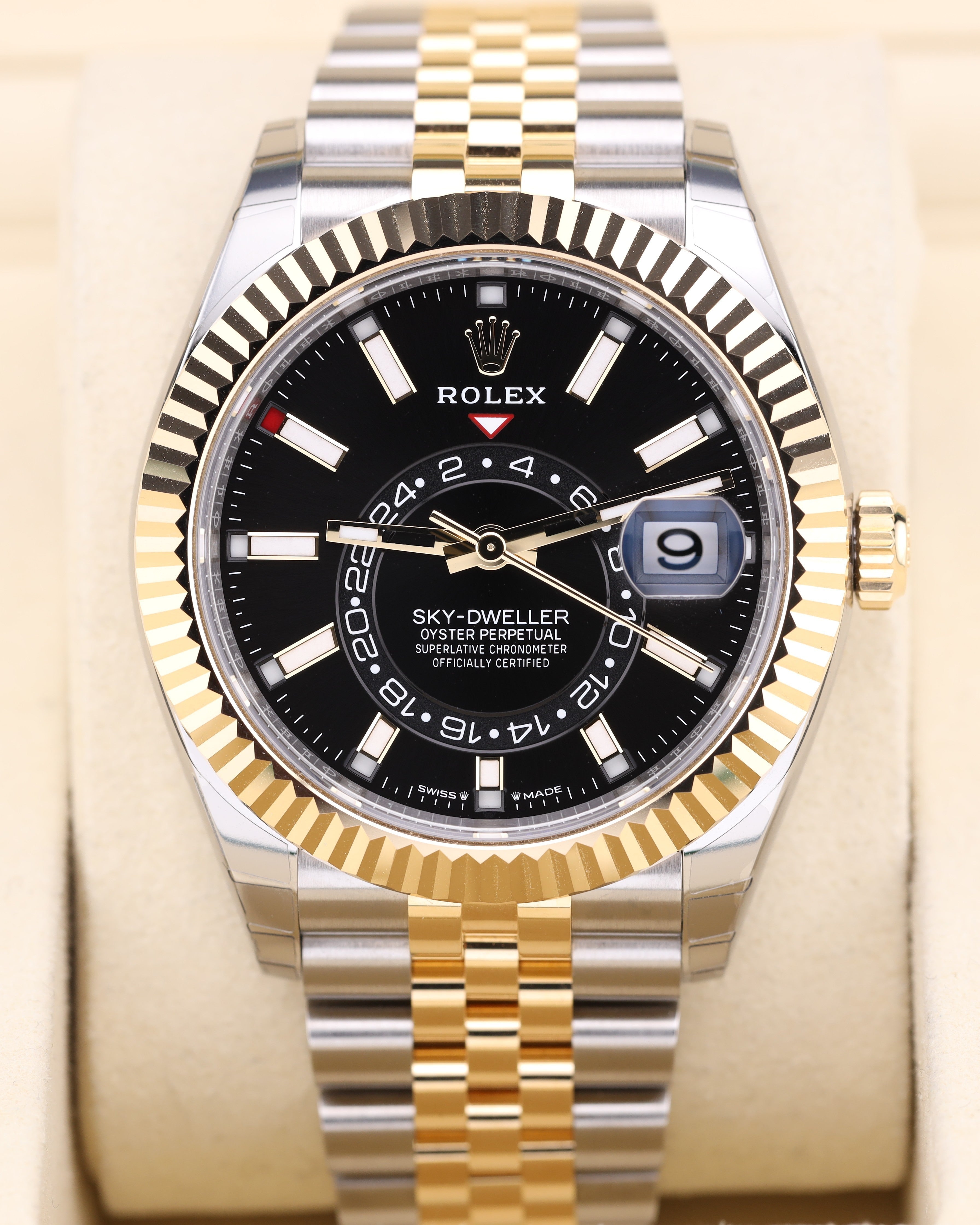 Rolex Sky-Dweller 2026 Factory Stickers Black Dial Two Tone Jubilee Fluted Bezel 336933 July 2026 Full Set