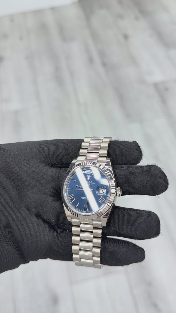 Rolex Day-Date 40 Blue Roman Dial White Gold President Bracelet 228239